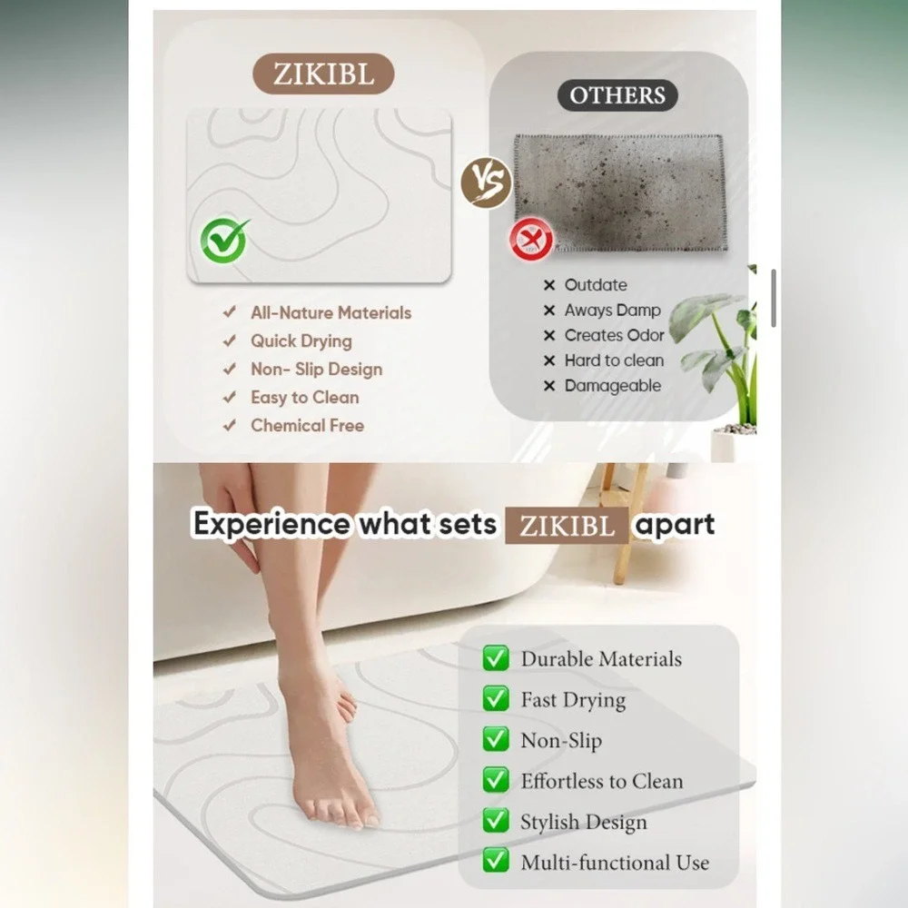 ZIKIBL Diatomaceous Earth Stone Bath Mat Fast Drying Non Slip Grey White 24x15in
